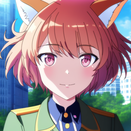 portrait, (solo, 1girl), day time, flat chest, (Pink eyes), short hair,(Light Orange hair) curled hair, (Yellow military uniform), city background, best quality, 1girl, fox tail, fox ears, smirk, closed mouth, (anime, waifu, new, newest:1.2), looking at viewer, <lyco:NotSHAFT-v3.75-epoch04-AdamW8Bit-WD15BWeeb:0.5:1.0>, (anime:1.0), notshaft style