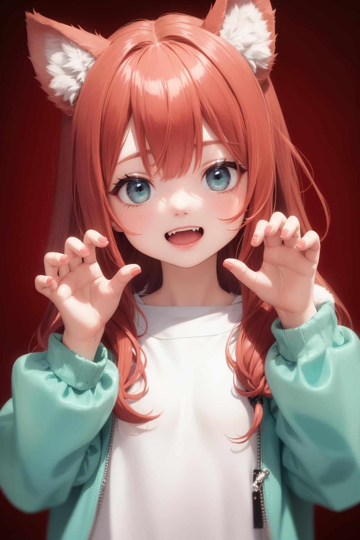 A CGI image of a girl with fangs and cat claws.