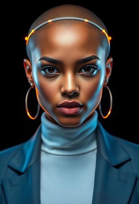A stunning character portrait of a young bald woman wearing a sleek, gray, modern blazer and a plain white turtleneck crop top.
She is looking intensely into the camera, her lips slightly parted, revealing perfect teeth. She wears natural beauty makeup with cyan and gold colours.
She wears thin stylish silver weaved electronic head band . Cyan and gold Dioads glow across the weaved band.
Gold and cyan rim lights separate the portrait from a dark uniform background.
aidmaimageupgrader
The image is dominated by bright neon deep colours in cyan and golden tones.
A breathtaking, exquisitely detailed RAW HDR color photograph, capturing a masterpiece of an character portrait with fine grain and crisp clarity.  Showcasing award-winning quality and incredibly realistic detail. The final result is a lustrous, high-resolution image with rich detail and delicate, exquisite grain, making it ideal for wallpaper art or product shots. The centered composition emphasizes the subject, creating a strong, magnificent visual that serves as the perfect backdrop.