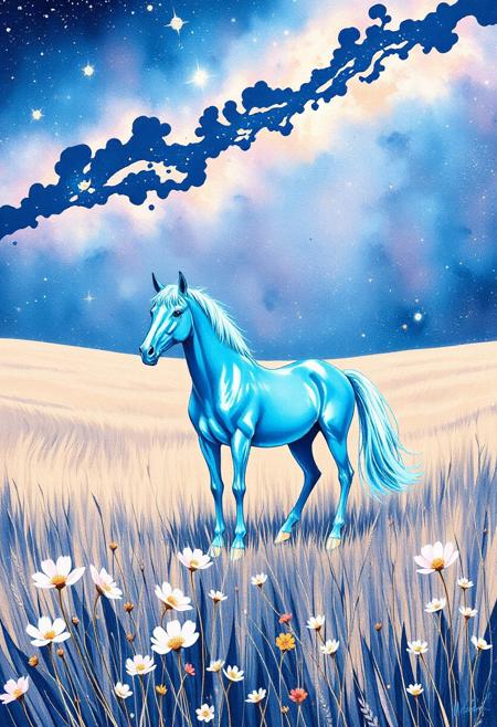"A dreamlike meadow under a celestial sky, where overexposed stars melt into soft, ethereal glows—like smudged chalk on indigo paper. Below, a windswept field of wildflowers sways in muted pastels: blush pinks, dusty lavenders, and wheat golds, their petals lifted in a gentle wind as translucent as tissue paper. At the center, a translucent blue horse stands poised, its form glowing with a quiet cerulean halo, mane trailing into delicate stardust. The air hums with subtle gradients—sky meeting earth in layered washes of watercolor, while faint streaks of silver suggest distant comets. Keep Flux’s fluidity but mute the chaos: focus on whispered surrealism, where motion blurs into serenity and light feels like a held breath."  
--- 
<lora:FLUX-daubrez-DB4RZ-v2:0.35> DB4RZ, DB4RZ style painting <lora:illustration004:0.8> illustration004 chaotic expressive line-art scribbled and erratic strokes monochromatic black ink <lora:Scribble Portrait Drawing:0.35> Drawing <lora:aidmaMJ6.1_v0.5_3:0.35> aidmamj6.1, aidmamj6, mystcorbCE_style
