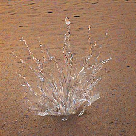 insane crystal clear drop of water splashing in to the hot sands of a desert at dawn, 
macro photography, 
fusion reaction