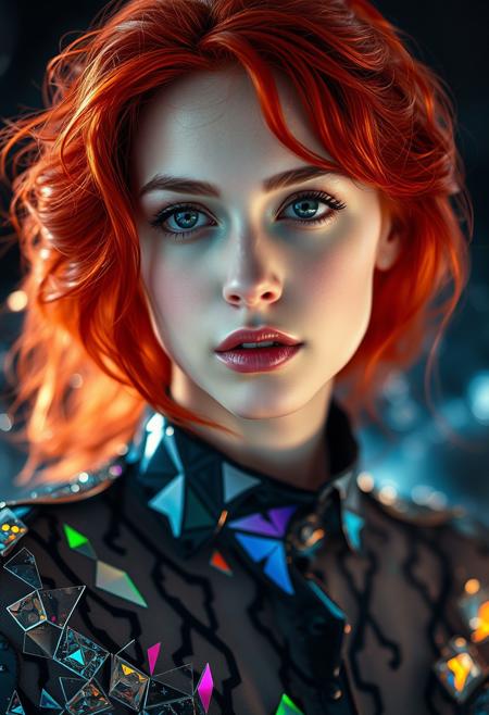 glass textures, a woman with red hair in the style of Tamara de Lampe, mythical, breathtaking beauty, perfection, divine presence, unforgettable, impressive, auras, rays, ultra high quality, masterpiece, sharp focus, depth of field, unreal engine, Broken Glass effect, no background, stunning, mythical being, energy, molecular, textures, iridescent and luminescent scales, breathtaking beauty, perfect, divine presence, unforgettable, impressive, breathtaking beauty, Volumetric light, auras, rays, vivid colors reflects