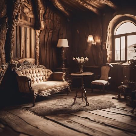 cinematic photo barnum-sepia  (concept interior:1.2) design, rustical room, elaborate furniture, texture cracked dry treebark (cracked wood style room ) design  <lora:treebark-SDXL-s-exp:0.6> . 35mm photograph, film, bokeh, professional, 4k, highly detailed