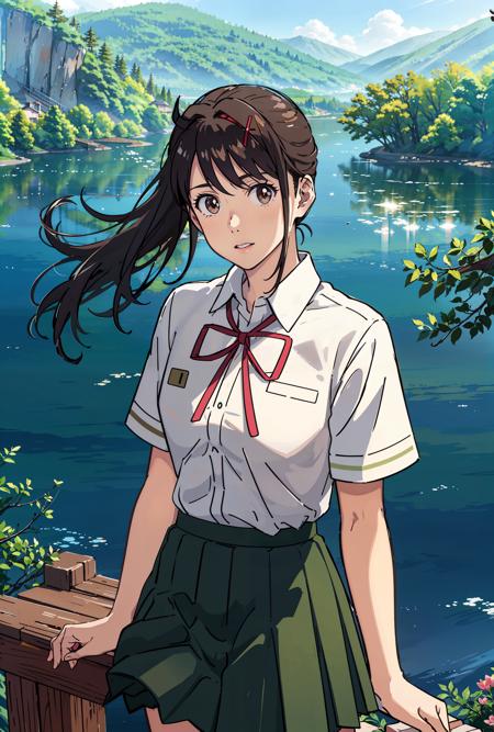 <lora:suzume:0.65>,suzu_me, 1 girl, solo, (standing), (looking at viewer:1.2),upper body, brown eyes, black hair, hairclip, single drill, red ribbon, short sleeves school uniform,(green school skirt), outdoors,(light rays:1.2),(sun:1.2),(blue sky:1.1), park,(flowers:1.1),(lake:1.2),(mountains:1.2),(city:1.2),lawn,trees,from above,