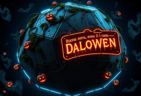 “A massive, decayed geodesic octagon structure floats ominously in the depths of outer space, with metallic panels corroded by dark green moss, rust, and slimy streaks. Flickering neon-blue lines trace the structure’s geometry, casting eerie shadows across its surface. Halloween-style pumpkins with menacing, carved faces drift around the octagon, each one glowing a haunting orange from within. Desiccated vines wrap around the structure, adding an organic, rotting touch. Suspended near the octagon, a glowing, vintage-style sign reads, ‘Buona sera, sono il conte Draculaaaaaaaaaa,’ in dripping, blood-red letters, adding a campy, gothic touch to the scene. Spectral bats swarm around, casting shadowy trails as they pass, while ghostly witches with tattered cloaks ride their broomsticks, leaving smoky mist behind. Nearby, a Dracula figure with a dramatic black cape floats ominously, his eyes glowing a deep red. The distant stars cast a faint, ghostly glow over the scene, while a swirling nebula of purples and oranges enhances the haunted, spacey vibe. Shot with Panavision optics, every detail is captured in ultra-realistic 8K, and Octane Render highlights every eerie texture and supernatural element, making for a spine-chilling, cinematic Halloween atmosphere.”