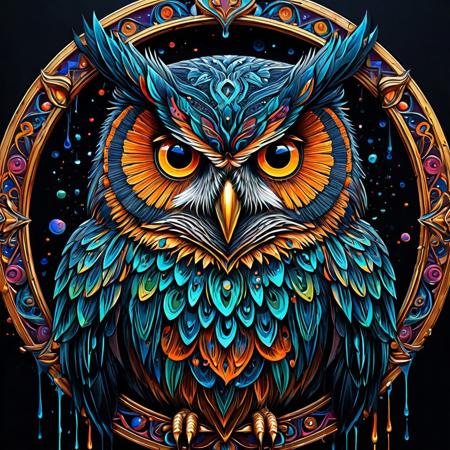 Finely detailed vector illustration, owl,  ultra realistic quality,circle symbols, dark gradient background, oil painting, hyperdetailed, intricately detailed,  triadic colors,fantastical,intricate detail,splash screen,complementary colors, fantasy concept art, 8k resolution, masterpiece,oil painting,heavy strokes,paint dripping.