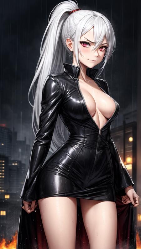 darknight, dark, burning city in the backgorund, destroyed city, woman, 18 years, intense angry face, small tits, evil smile, raining heavily, ponytail white hair, cute, looking viewer, complete red fire armor, wet body, raindrops on face, wet hair, raindrops on clothes, close mouth, slim hips, , AS-Adult,,full_body,skirt_wind <lora:Mild detail adjusterV10:1.0> <lora:detailmaker:1.0>