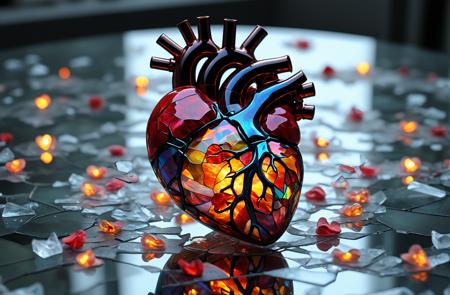 A surreal, hyper-detailed depiction of an anatomically correct human heart made entirely of shattered stained glass, each fragment glowing with a different ethereal hue. Pulses of light ripple through the shards, creating an ever-changing spectrum of colors. Tiny mechanical gears and cogs are embedded within, ticking rhythmically in sync with its slow, deliberate beats. The heart levitates above a mirrored lake, where its reflection distorts and shifts like a living entity. Above, a storm of luminous petals made of ice and fire swirls chaotically. Cinematic, surreal, fantasy realism.