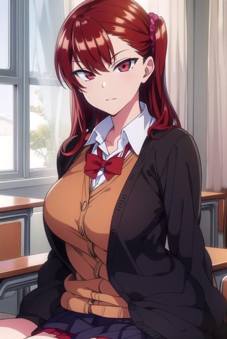 izuminogami, <lyco:izuminogami-lyco-nochekaiser:1>, 
izumi nogami, red hair, one side up, medium hair, scrunchie, (red eyes:1.5),
BREAK skirt, school uniform, pleated skirt, shoes, socks, cardigan, brown cardigan,
BREAK looking at viewer,
BREAK indoors, classroom,
BREAK <lora:GoodHands-vanilla:1>, (masterpiece:1.2), best quality, high resolution, unity 8k wallpaper, (illustration:0.8), (beautiful detailed eyes:1.6), extremely detailed face, perfect lighting, extremely detailed CG, (perfect hands, perfect anatomy),