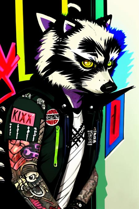 A punk-inspired raccoon with a nose ring and a mohawk, sits on a subway car covered in graffiti, radiating a bold and edgy punk personality:1.5, punk-inspired raccoon:1.2, nose ring:1.2, mohawk:1.1, sits on subway car:1.1, covered in graffiti:1.1, bold and edgy:1.1, punk personality:1.1. , anipunks