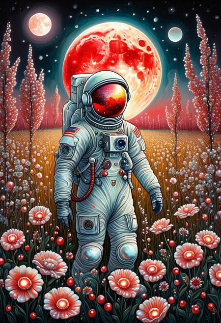 An astronaut holding an old, tattered painting, standing in a field of glowing flowers under a blood-red Pearlum moon,  whimsical, mastery of color and light,mysterious and eerie landscape, solitary figure, shimmering glow,a dryad with oddly colored eyes., intricacy and surrealism, mystical atmosphere, secrets of time, visual narrative