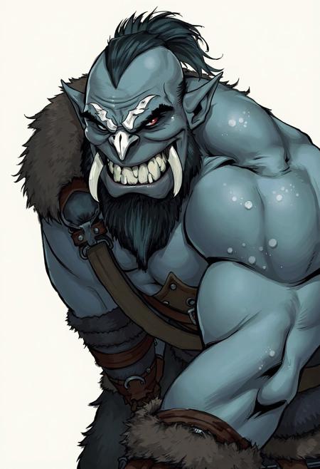 A male orc warrior with a strong, muscular build and a slouched posture. His skin is pale winter blue, almost icy, and he has white skull-like face paint over his brow and nose. He’s grinning, showing orc tusks and exuding a mix of menace and playful arrogance. His eyes gleam with mischief. He wears rugged, barbarian-style armor with fur accents and rough leather straps, evoking a wild, savage look. The background is simple or lightly textured. Art style reminiscent of Incase and Devilhs, with clean lines, strong shapes, and stylized anatomy
Medieval fantasy. Semi-realistic comic gothic style.
