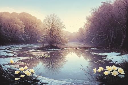 in tree,flock,reflective water, planet,fantasy,winter, reflection ,flower ,white flower , <lora:Ivan_Shishkin:0.4>, grass, field, forest, ivnshshkn, , gradient sky, <lora:dan_mumford:0.6>,