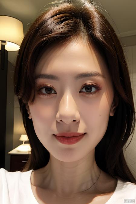 PHOTOREALISTIC REALISTIC, masterpiece, best quality, highres, ultra detailed, 8k, 1woman, hotel room, looking at viewer, strobe light, make up,  jiajingwen, smile,<lora:EMS-267424-EMS:0.600000>