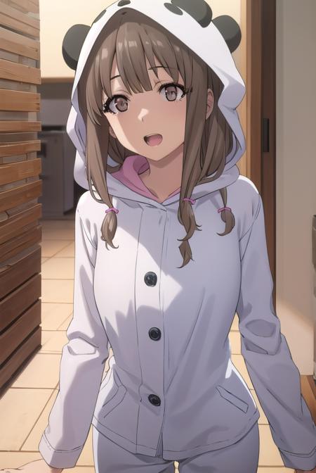 kaedeazusagawa, <lora:kaede azusagawa s1-lora-nochekaiser:1>,
kaede azusagawa, long hair, bangs, brown hair, (brown eyes:1.5), smile, open mouth,
BREAK animal ears, tail, hood, pajamas, animal hood, animal costume, panda ears,
BREAK indoors,
BREAK looking at viewer, (cowboy shot:1.5),
BREAK <lyco:GoodHands-beta2:1>, (masterpiece:1.2), best quality, high resolution, unity 8k wallpaper, (illustration:0.8), (beautiful detailed eyes:1.6), extremely detailed face, perfect lighting, extremely detailed CG, (perfect hands, perfect anatomy),