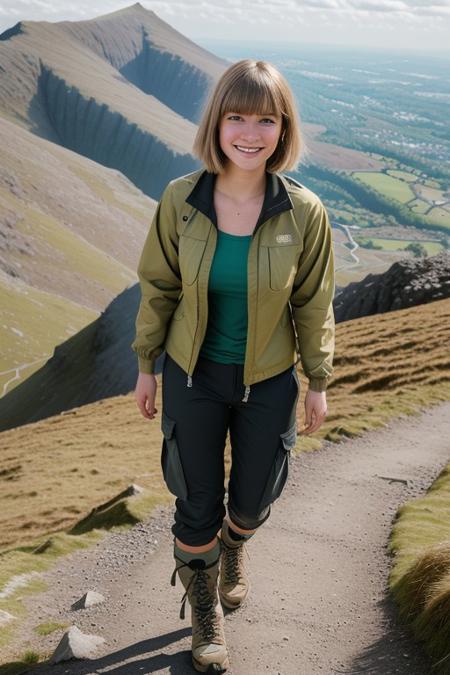 ((raw photo)),
Evie 22 years old, beautiful face, fashion model face, hiking jacket, black tee, cargo pants, walking boots, blonde hair, messy bob cut, bangs, green eyes, close up, tanned skin, full body shot, shy smile, on mount Snowdon.