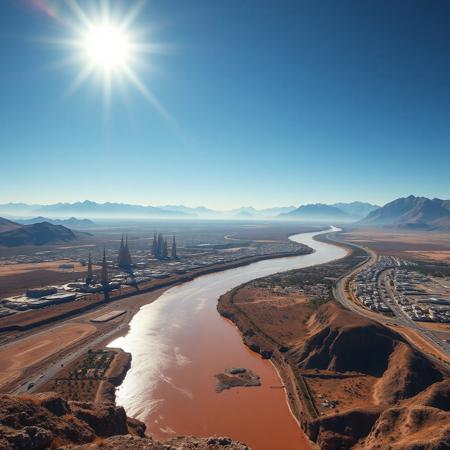 A high-quality digital image capturing a breathtaking landscape, viewed from the top of a hill. The scene is dominated by a wide, dirty brown river, along both banks a futuristic city, with its tall spires and towers spreads over the landscape. at the edge of the city a barren landscape with little vegetation. On the horizon a range of majestic tall, rugged peaks, their summits touching the sky. The sky is blue with a fierce sun  casting a brilliant light over the landscape. The horizon is positioned two-thirds of the way up the image, emphasizing the vastness of the sky and the distant mountains