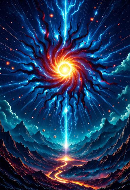 masterpiece, best quality, absurdres, Ultra-HD, 8K cinematic, hyperdetailed, intricate, very aesthetic, stunning composition, vibrant, incredible lighting, sharp focus, Japanese anime style, American comic style, dynamic color palette,
**primordial chaos landscape, cosmic birth and destruction, volatile energy fields, forming galaxies, exploding supernovae, raw celestial power, Scorpio constellation silhouette, dynamic star dust and dark matter, erupting cosmic geysers, jagged planetary fragments, astral thunderstorms, layered visuals, atmospheric depth, grand scale, otherworldly landscapes.**
CosmicStyle, aidmaMJ6.1.aidmaimageupgrader.