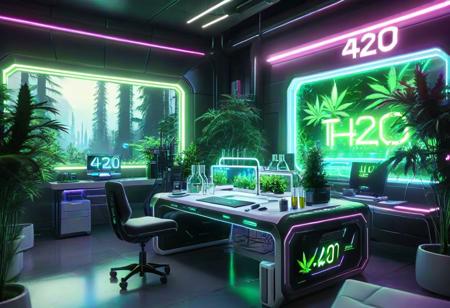 masterpiece,high quality,
420futurism,    <lora:420FuturismXL:0.8>
,lab, no humans, scenery, plant, chair, monitor, indoors, table, computer, tree, window, "420" text,futuristic,cyberpunk.neon light