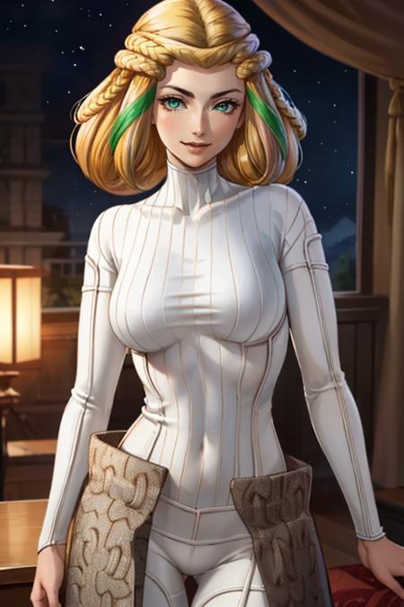 masterpiece, best quality, cowboy shot, looking at viewer, smile, large breasts
<lora:zs_Clotho:1> clothosmt, blonde hair, multicolored hair, green hair, braid, turtleneck, bodysuit