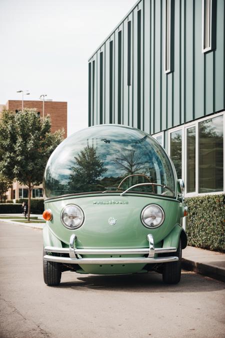 Weird Cars Concept,  a tiny bubble style green car parked in front of a building, <lora:EMS-58767-EMS:0.800000>