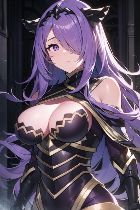 camilla, (hair over one eye:1.5), long hair, (purple eyes:1.1), purple hair, wavy hair, armor, armored boots, black armor, boots, gauntlets, grey footwear, knee boots,