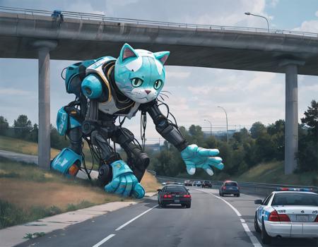 <lora:ssta:0.5>ssta, road, cars, police car, grass, trees, graffiti, gigantic toy faced mech robot with cat ears and gloves broken leaning on overpass