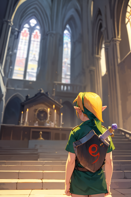 masterpiece, best quality, 1boy, younglink, blonde hair, from behind, hat, link, long hair, pointy ears, shield on back, stairs, sword on back, indoors, no light, dark, cathedral background <lora:YoungLink:1>