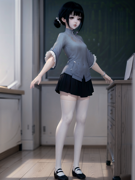 (best quality),((masterpiece)),
1girl,<lora:[衣服]-[莫等闲-天刀少女]TDSVmdx-v2:0.75>,TDSVmdx,age regression,short black skirt,white_thighhighs,black shoes,(full body:1.5),(looking at viewer:1.2),in the classroom, 
