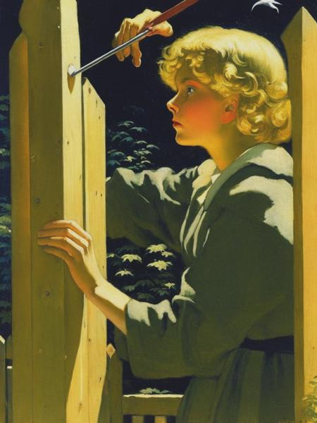 <lyco:JessieWillcoxSmith:1.0> painting of a blonde woman standing near a fence lucifer whispers to her, terrifying, scary and surreal, sci-fi, sci-fi poster, Jessie Willcox Smith painting