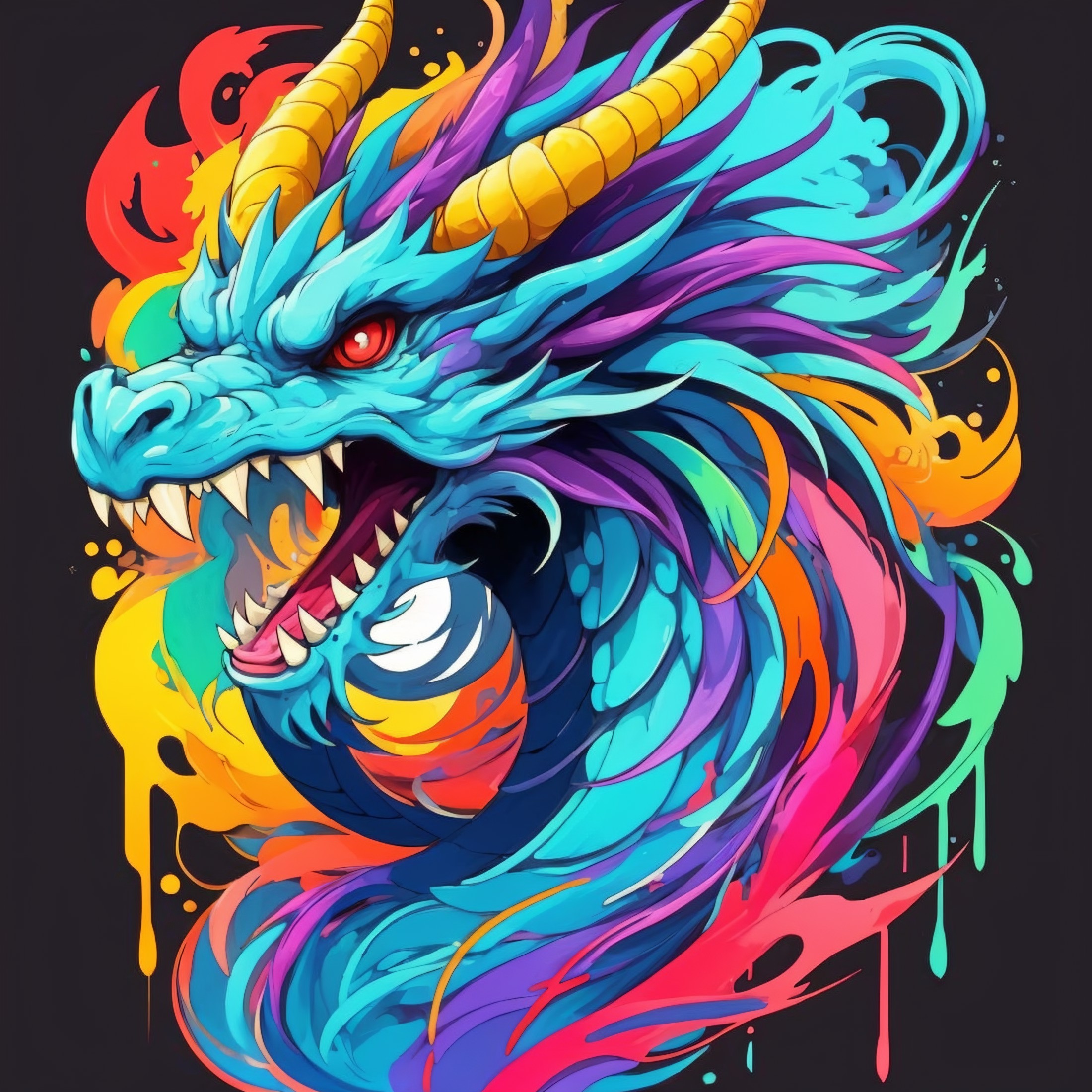 dragons, abstract, masterpierce, no humans, black background, dragon, simple background, horns, colorful, red eyes, solo, ...
