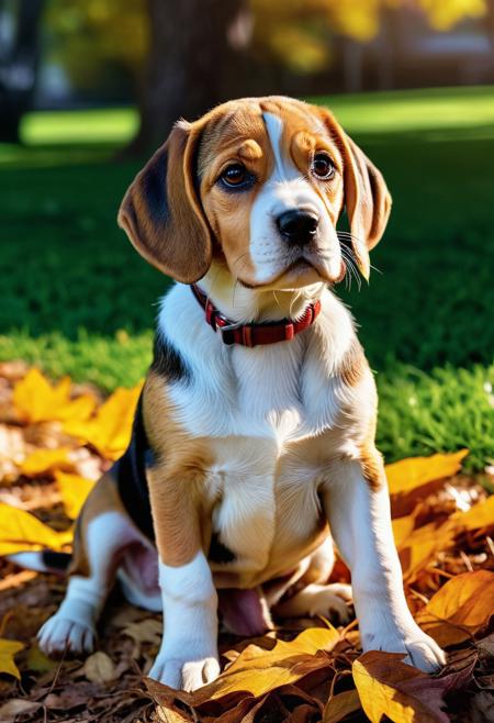 Hyperrealistic, mid shot, A wrinkly beagle pup sits in a park. Close up. Splash art, concept art. Detailed texture of furry wrinkled skin. Vibrant, colorful foliage in background. Soft, warm, side lighting with deep shadows. color depth, high contrast, incredibly detailed, masterpiece, 8k resolution, colorful, playful, extreme cute, adorable, innocently expressive.