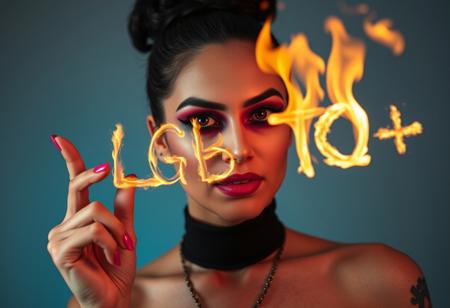 A 41yo transgender girl with black makeup and pink nails, looking like she just failed something, shaking her head, drawing the letters "LGBTQ+" using flamess, in the air, with a finger, photo by helmut newton