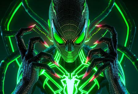 "Create a hyper-realistic, detailed spider-man-inspired character with a zero dark neon color scheme and dragon nails, set in a dark neon-colored universe. The character has green skin and a slender, symmetrical body like a saint or 'x-man.' Utilize the golden ratio, intricate textures, and soft lighting reminiscent of Greg Rutkowski's style. The character's costume is a unique, stylized take on classic superhero suits. Incorporate alien elements, possibly through a symbiotic relationship or unique alien breed. The final artwork should be highly detailed, rendered with Octane or Unreal Engine, and have a cinematic, key art feel. Consider incorporating redshift render, volumetric lighting, and high contrast for added visual impact."