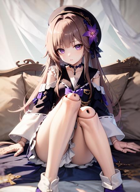 masterpiece, best quality, ultra-detailed, illustration, 1girl, solo,  <lora:herta_v11h:0.8> , herta /(honkai star rail/), grey hair, long hair, purple eyes, doll joints, small breasts, purple hair flower, beret, single earring, choker, collarbone, hertadress, black jacket, long sleeves, purple ribbon, frills, white dress, checkered dress, tailcoat, ankle boots, ful body, expressionless