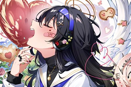 <lora:Ai Kotoba:0.8>, Ai Kotoba, 1girl, solo, open mouth, hair ornament, closed eyes, flower, heart, food, wings, star (symbol), tattoo, profile, fruit, rose, headphones, ring, bandaid, fork, heart hair ornament, bandaid on face, balloon, bandaid on cheek, heart balloon, (masterpiece, best quality:1), 1girl, solo, bags under eyes, bangs, black hair, blue eyes, halo, blue hairband, brown cardigan, long hair, white serafuku, white skirt, <lora:KozekiUiBlueArchive_10:0.8>