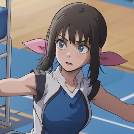 <lora:hanebado-05-v3:1>, 1girl, h4n3b4d0, blue and white outfit, dark tied hair, bangs, ribbon, gym