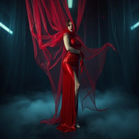 noble norvegian femme fatal lady  posing standing wearing evening GLOSSY THIN RED slime high slit gown, GLOVES  and high heels,   entrapped in  giant long waving  ultrathin transparent fisnet veils, surrounded by  fog from the floor, captured in light beam from celling,  breeding chamber,  ultrathin waisym reminiscent of H.R. Giger, Zdzisław Beksinski, and Ash Thorp's dark, sleek styles, with close-up glamour photography, glossy satin and silver heels glistening, fleshy slime dripping, and dark shadows.