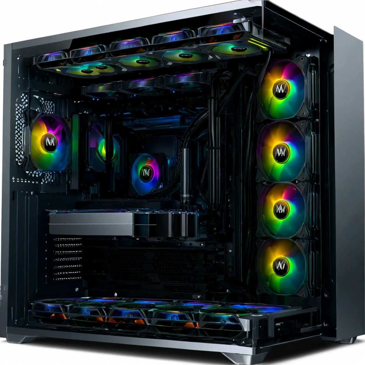(pc showcase, fully equipped, liquid cooling tubing, rgb lights, Silver case) <lora:46_pc_showcase:1.1>
Silver background,...