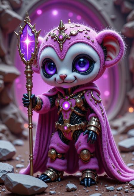 pinkmechalux, a cute cybor sloth wizard with metallic NEON led crown, wearing a magic cape and holding a super weapon mystic staff