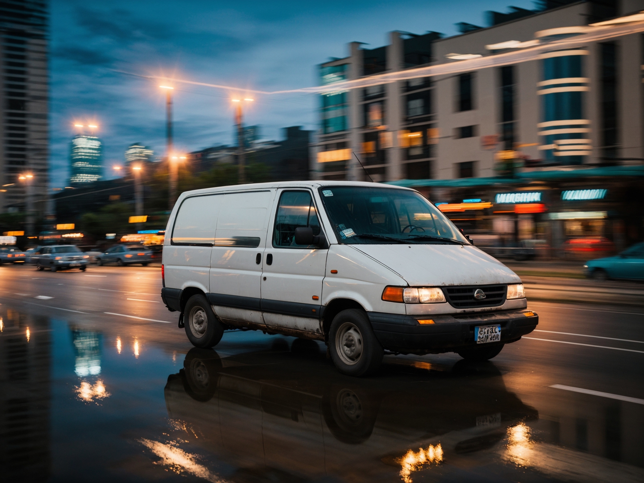 A white van driving on a city street at night.