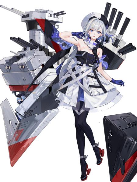 jean bart \(kancolle\), 1girl, solo, gloves, hat, dress, strapless dress, beret, rudder footwear, black gloves, full body, rigging, strapless, white dress, pantyhose, mole, mole under eye, blue hair, transparent background, sleeveless, machinery, bare shoulders, white background, turret, scarf, thighhighs, high heels, original, intricate detail, illustration, masterpiece, extremely detailed CG unity 8k wallpaper, highlight, sharpening, dynamic, <lora:JeanBart:0.5>