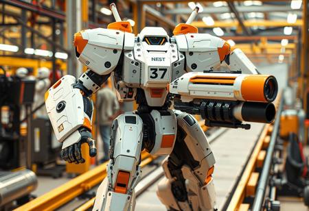 Super detailed Neo Super Quantal Mech King Blaster Magna on machine assembly line. White mech with orange & black accents. Large gun held, left hand on hip. Number "37" on body. Cinematic, isometric, dynamic pose. Trending on Artstation, splash ink illustration, octane render, Unreal Engine 5, Raphael style, Houdini style. 4k, high-res, golden ratio, captivating lighting.