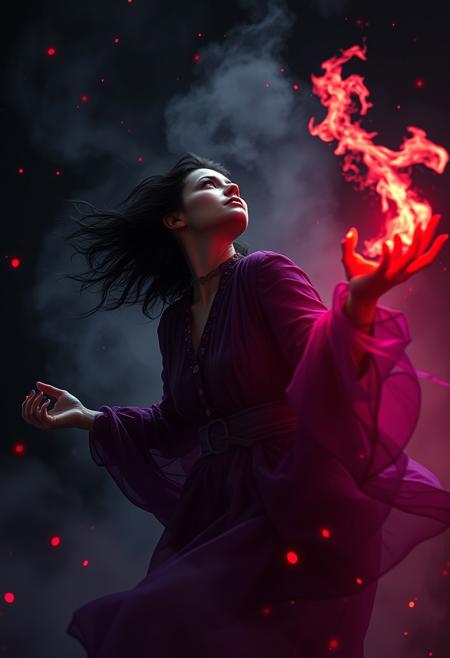 A cinematic full body shot of a female, nice witch, powerful spells and patterns and flames emerging from her hand, layered red and purple lines. She is flying in the air and looking up at the sky, enjoying her power. Use subtle red starburst and bokeh elements, with enhanced volumetric lighting to create a vibrant, high-contrast scene. Ensure the image maintains a surreal, emotionally impactful atmosphere in 8k resolution with intricate skin texturing. Angry. Ultrarealistic. absurdres.