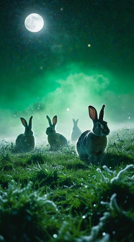 Moon-glittered rabbits, dashing across the field, Ethereal mist, severe with extreme conditions, lush green spectrum, point-of-view first-person, medium shot with background, transavantgardism eclectic mixing, piled snowflakes arrangement, subtle film grain noise, underexposed shadow mystery, color grading mood setting.