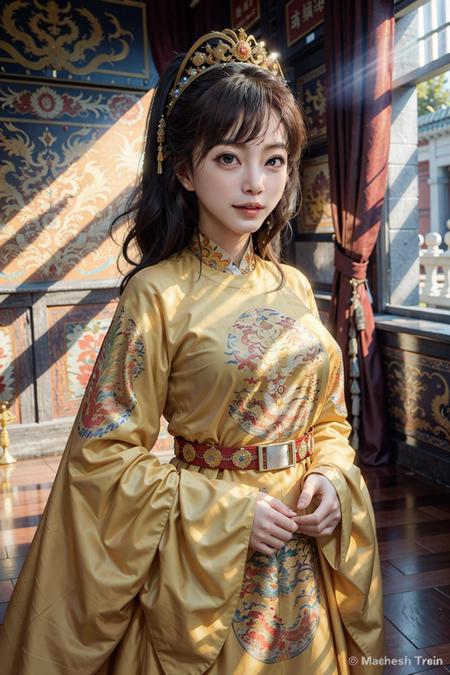 1girl, breast outline, yellow dragon_gown, indoor, masterpiece, best quality, photorealistic, ancient eastern palace,  inside Forbidden City, <lora:Han_Ye_Seul_v3:1>