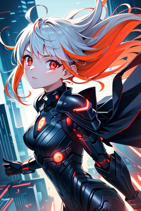 (sfw), intricate details, 1girl, night, (bright neon colors), ((flying over futuristic cyberpunk city)), detailed background, (petite cyborg girl, ((cute perfect face, bright glowing red eyes)), (perfect anatomy, petite perky breasts), (absurdly long gradient orange and white hair, hair blowing in the wind)), detailed ribbed impossible bodysuit, shoulder armor, cybernetic limbs, dynamic angle, <lora:aMechaMusumeA_arc:0.5>