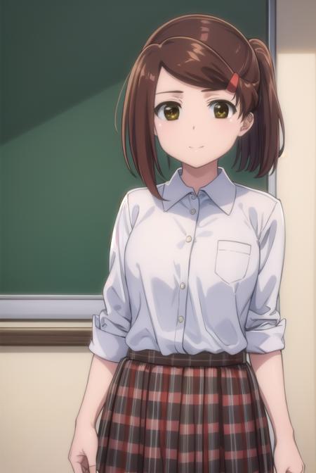 akosuminoe, <lora:ako suminoe ova-lora-nochekaiser:1>,
ako suminoe, short hair, brown hair, hair ornament, (brown eyes:1.5), ponytail, hairclip, smile,
BREAK skirt, shirt, school uniform, white shirt, socks, plaid, kneehighs, plaid skirt,
BREAK indoors, classroom,
BREAK looking at viewer, (cowboy shot:1.5),
BREAK <lyco:GoodHands-beta2:1>, (masterpiece:1.2), best quality, high resolution, unity 8k wallpaper, (illustration:0.8), (beautiful detailed eyes:1.6), extremely detailed face, perfect lighting, extremely detailed CG, (perfect hands, perfect anatomy),