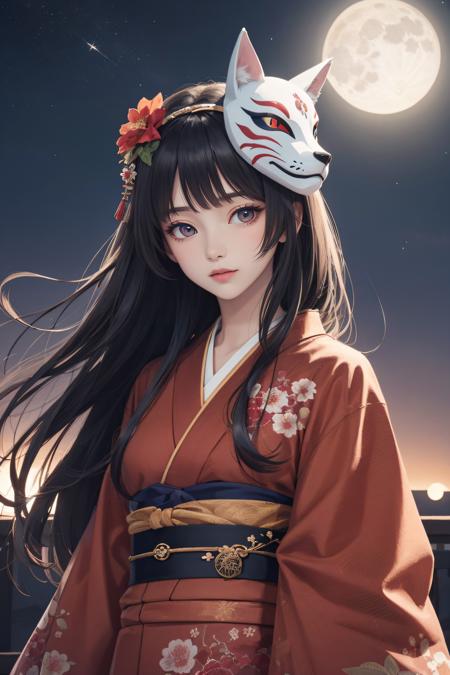 finely detail,  Depth of field, (((masterpiece))), ((extremely detailed CG unity 8k wallpaper)), best quality,  high resolution illustration, , Amazing, highres, intricate detail, (best illumination,  best shadow,  an extremely delicate and beautiful),  ,
full_moon, moon, mask, 1girl, fox_mask, japanese_clothes, kimono, night, floral_print, solo, mask_on_head, flower, long_hair, outdoors, sun, looking_at_viewer, night_sky, moonlight