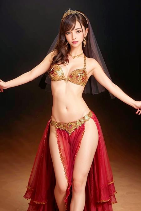 a dancing woman, wearing belly dance dress, veil covering face,
good hand,4k, high-res, masterpiece, best quality, head:1.3,((Hasselblad photography)), finely detailed skin, sharp focus, (cinematic lighting),  soft lighting, dynamic angle, [:(detailed face:1.2):0.2], medium breasts,(((theater background))),  <lora:belly_dance_dress:0.5>,<lora:betterCuteAsian03:0.3>